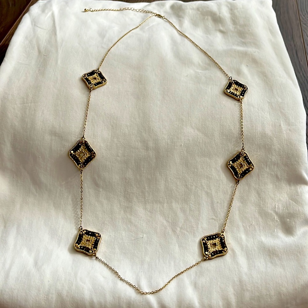 Gold Long Link Necklace with Black Enamel Accents